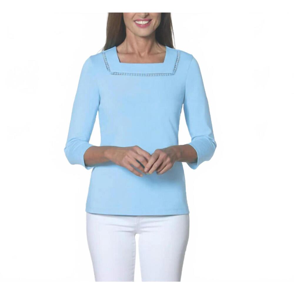 NEW E.L.I. 3/4 sleeve square neck top with stitch details in sky